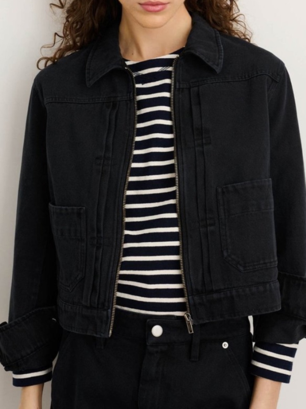Transitional Fall Effortless Alex Mill Shrunken Zip Denim Jacket Washed Black L